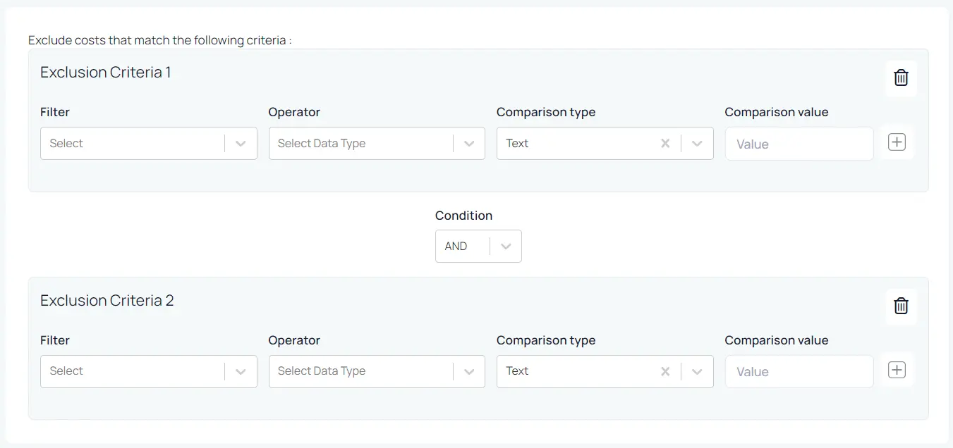 Exclusion Criteria setting screen on Visdum to identify which contracts qualify for amortization