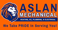 Aslan Mechanical logo featuring a blue and orange lion head with the tagline Heating, AC, Plumbing & Electrical