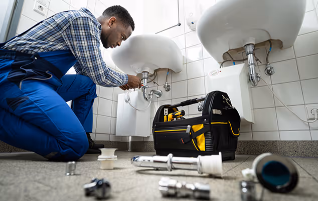 A man in overalls repairs a sink in a bathroom, focused on fixing the plumbing issue.