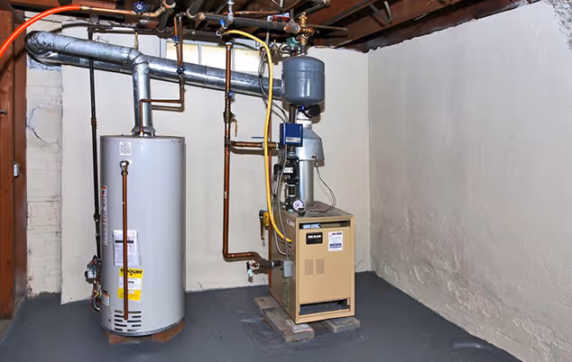 A large white water heater with connected pipes in a utility room setting.