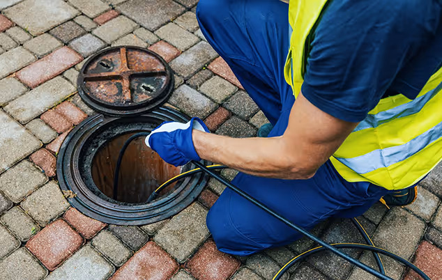 A man in a safety vest repairs a drain, focusing on the task with tools in hand.
