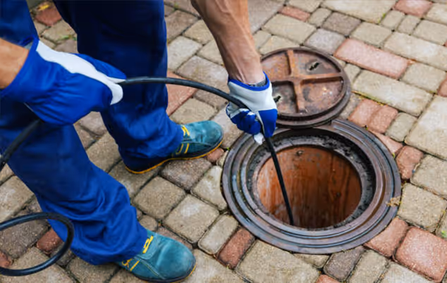 A man in blue overalls cleans a drain using a hose, focused on removing debris and ensuring proper drainage.