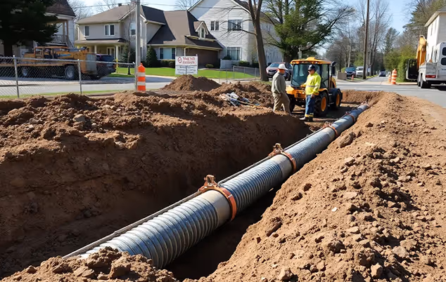 A man kneels in dirt, repairing a pipe with tools, focused on his task in an outdoor setting.