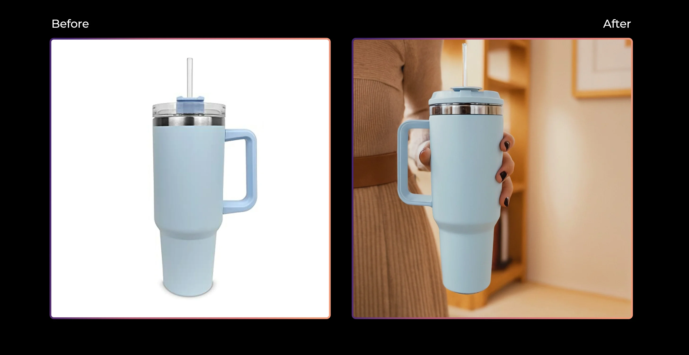 colocação da caneca na mão de um modelo feminino