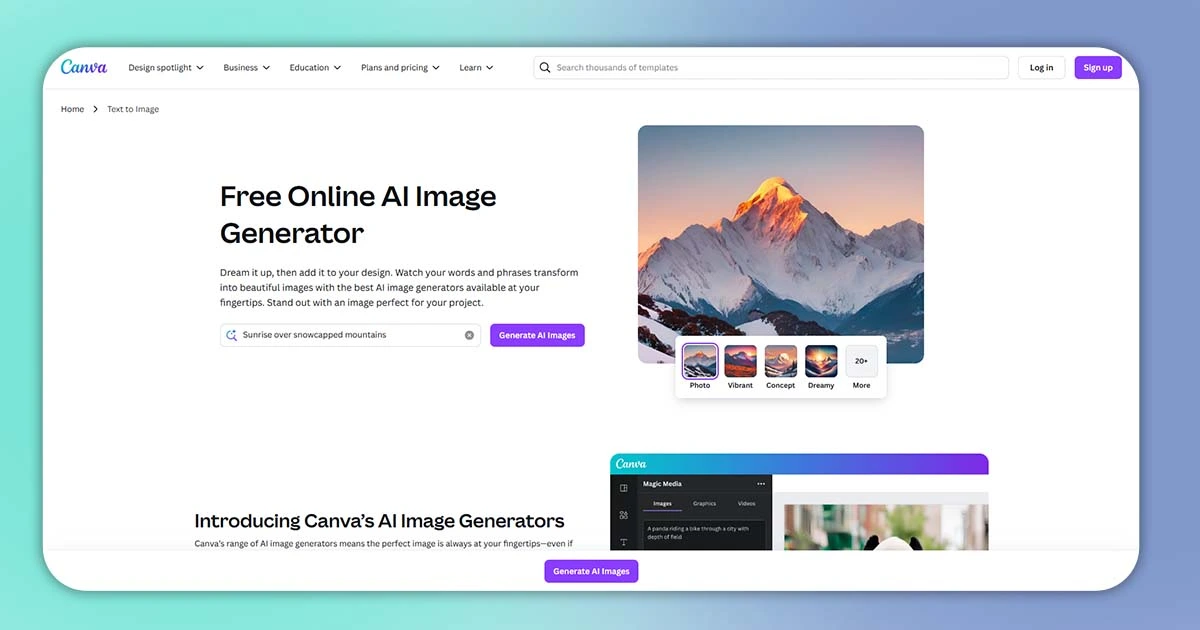 canva AI Website interface