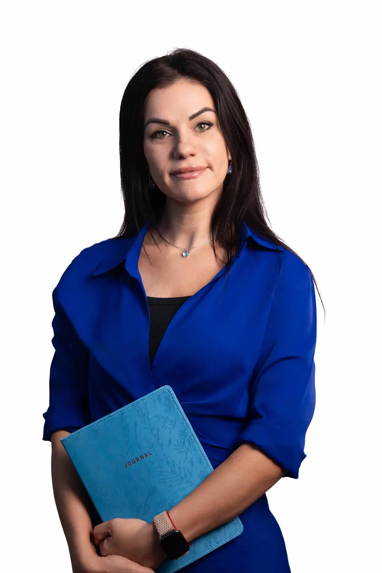 a woman in a blue shirt holding a blue folder
