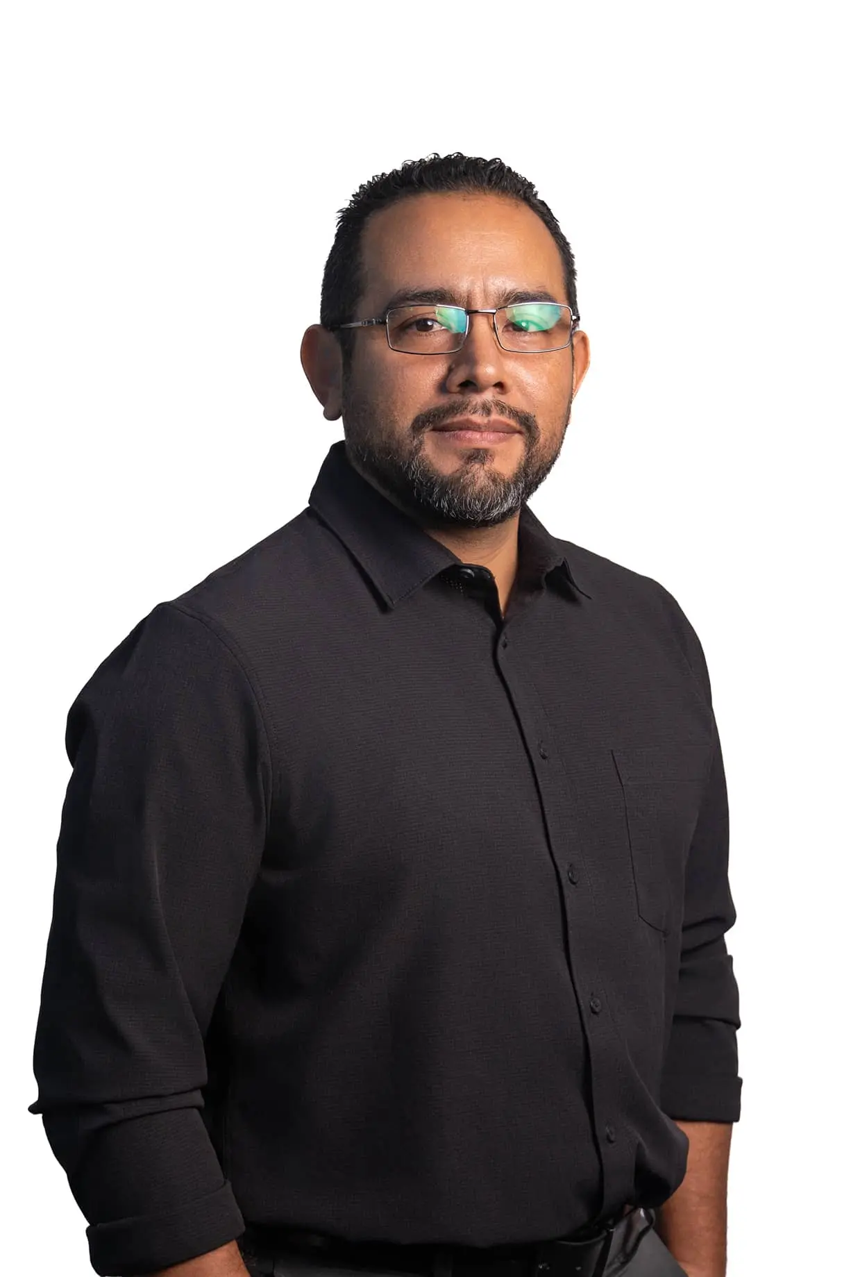 a man wearing glasses and a black shirt