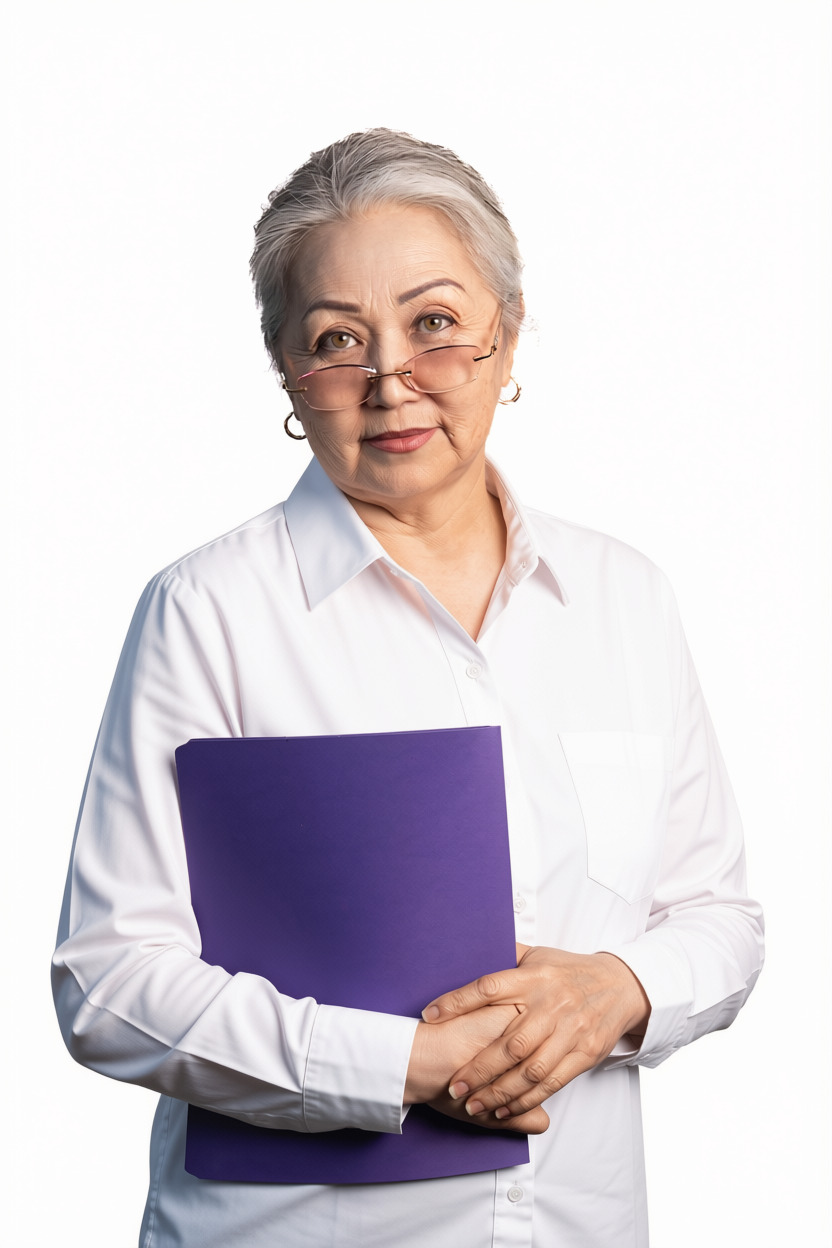 a woman with glasses holding a purple folder