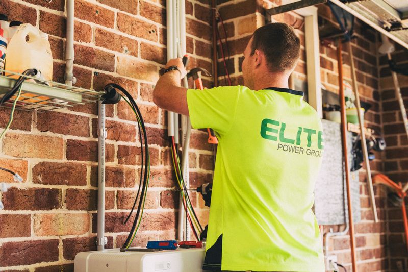 Elektriker installerar solcellsbatteri på vägg i villagarage