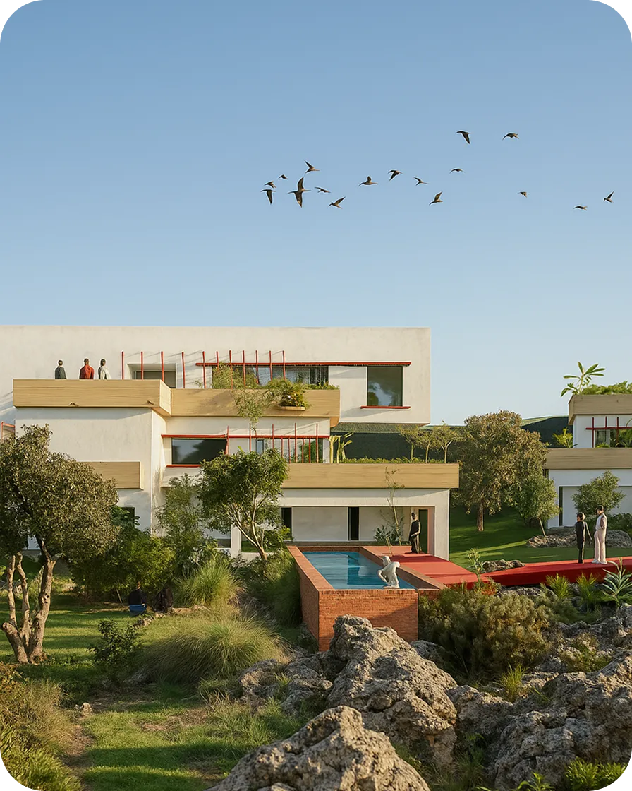 Modern residential complex surrounded by greenery and nature, with people relaxing and birds flying above