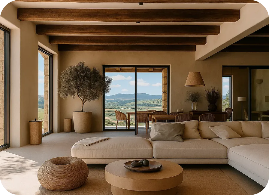 Two-bedroom apartment with an open-plan living room, stylish furniture, and a view through wide windows.