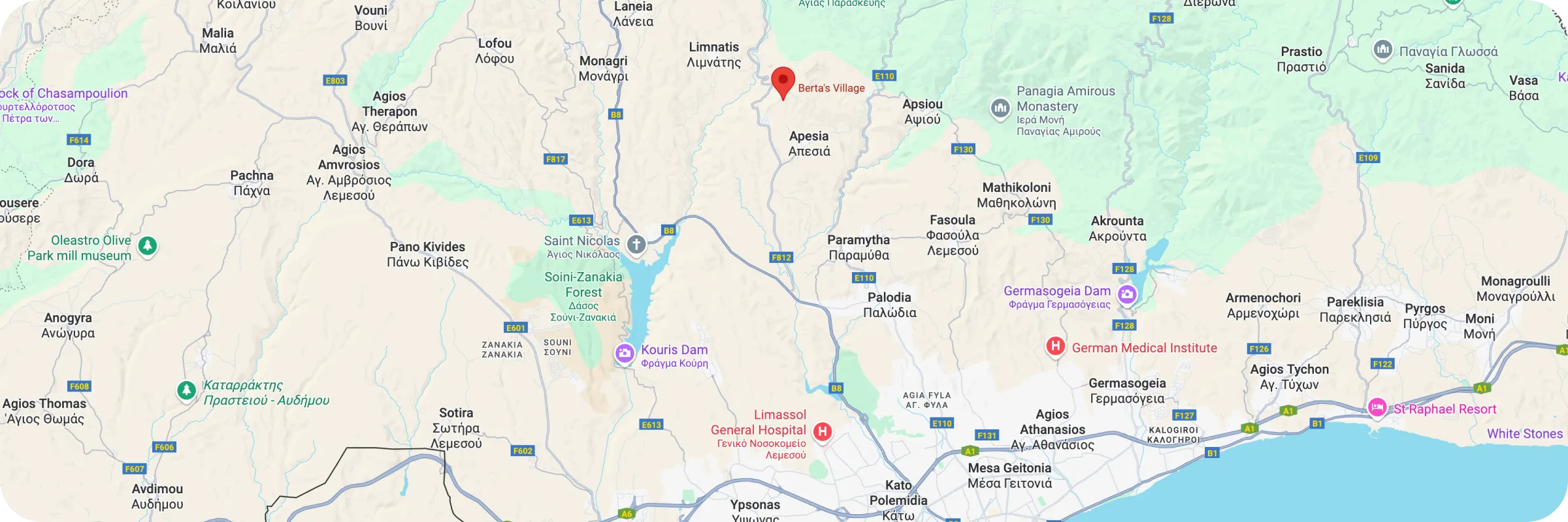 Map showing Berta’s Village at Ellados 2, Apesia 4541, Cyprus