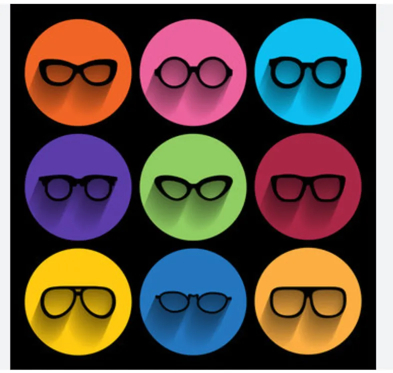 Colorful collection of nine different eyeglasses styles on circular backgrounds