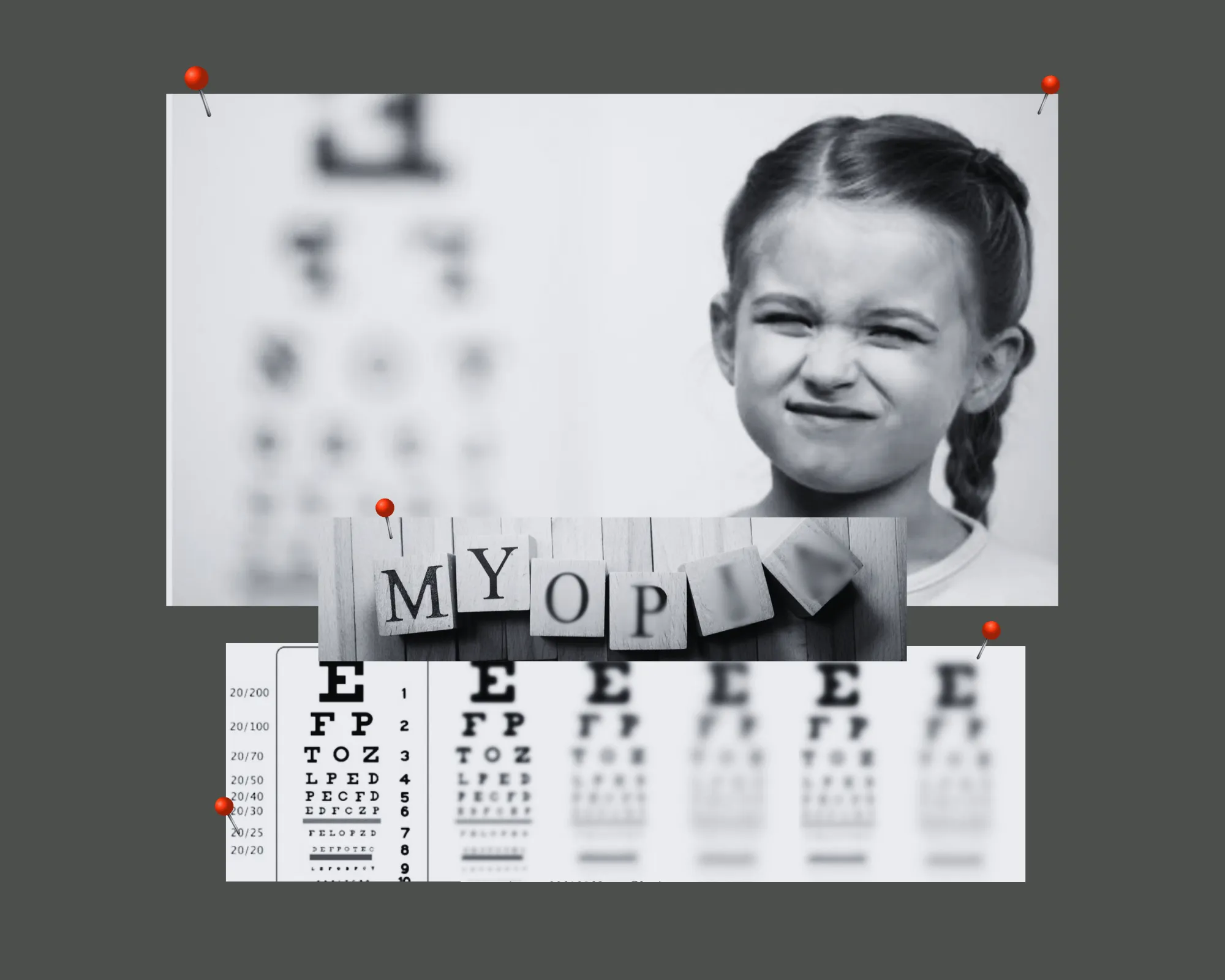 Child squinting during eye exam with blurry vision chart
