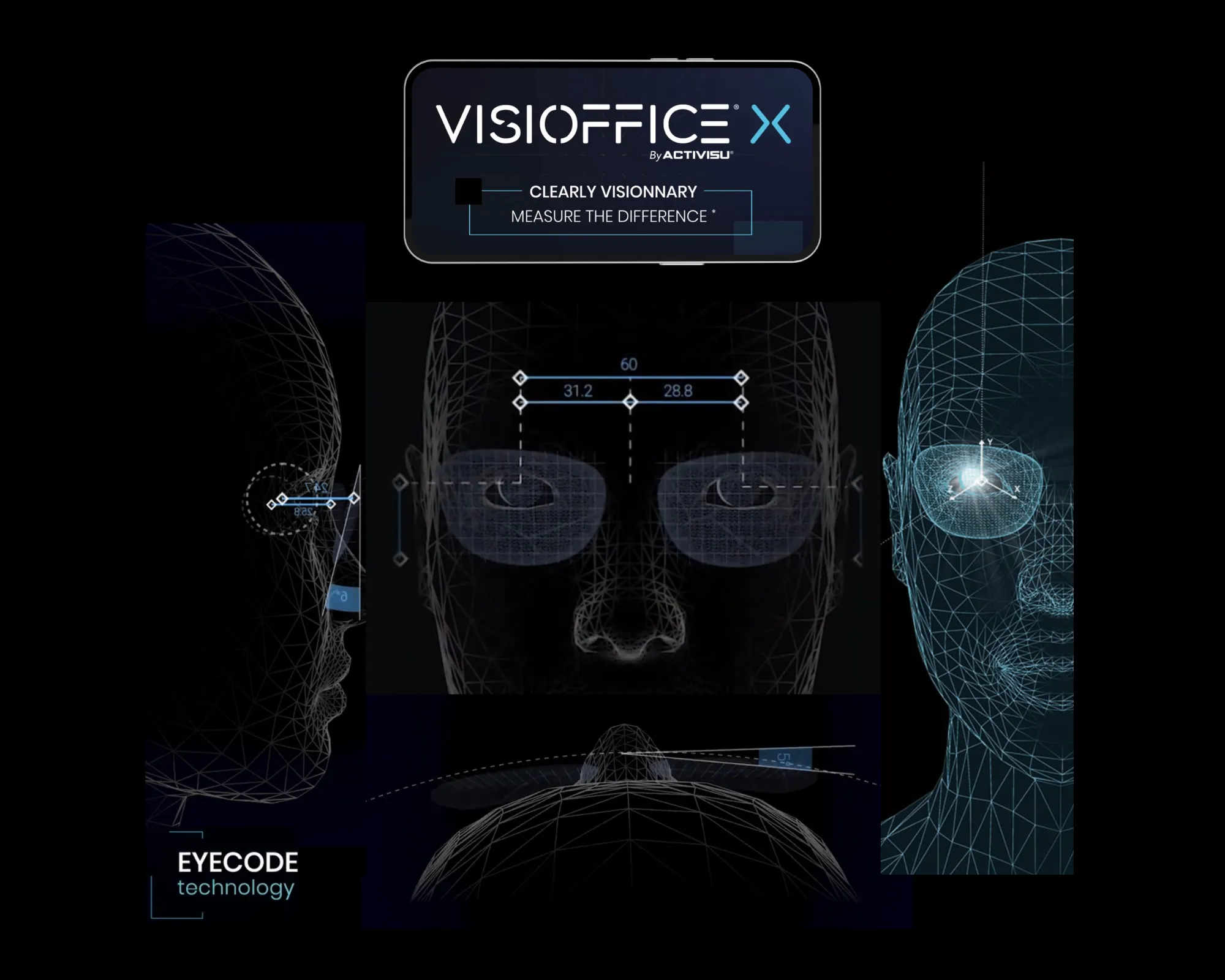 Visioffice X technology showcasing 3D wireframe head measurements