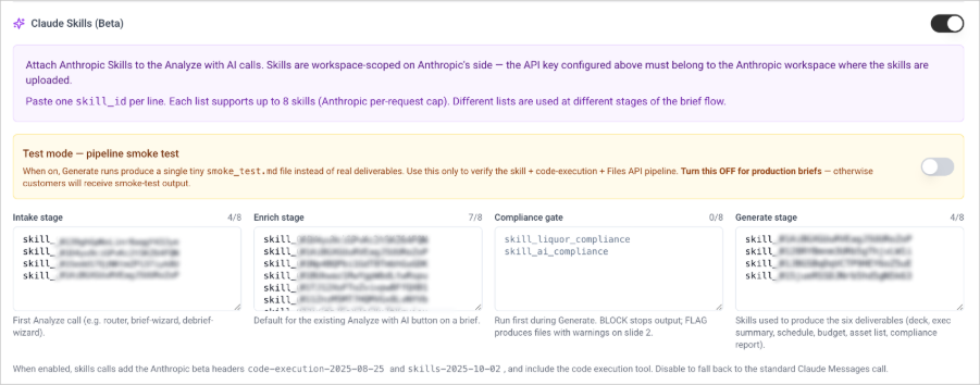 briefin's Claude Skills (Beta) settings, showing skills attached across four brief-flow stages - Intake, Enrich, Compliance gate, and Generate - with liquor and AI compliance skills in the compliance gate.