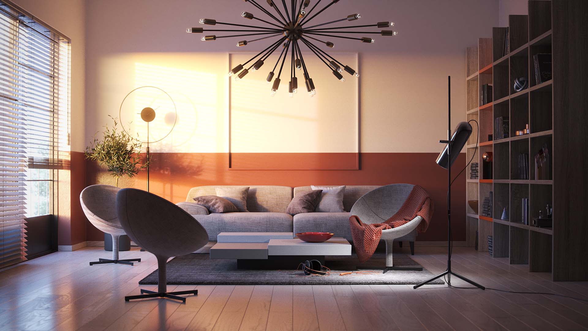 Rendu photoréaliste V-Ray d’un salon avec un canapé gris, des fauteuils, un lustre et une lumière chaude de fin de journée à travers les stores.