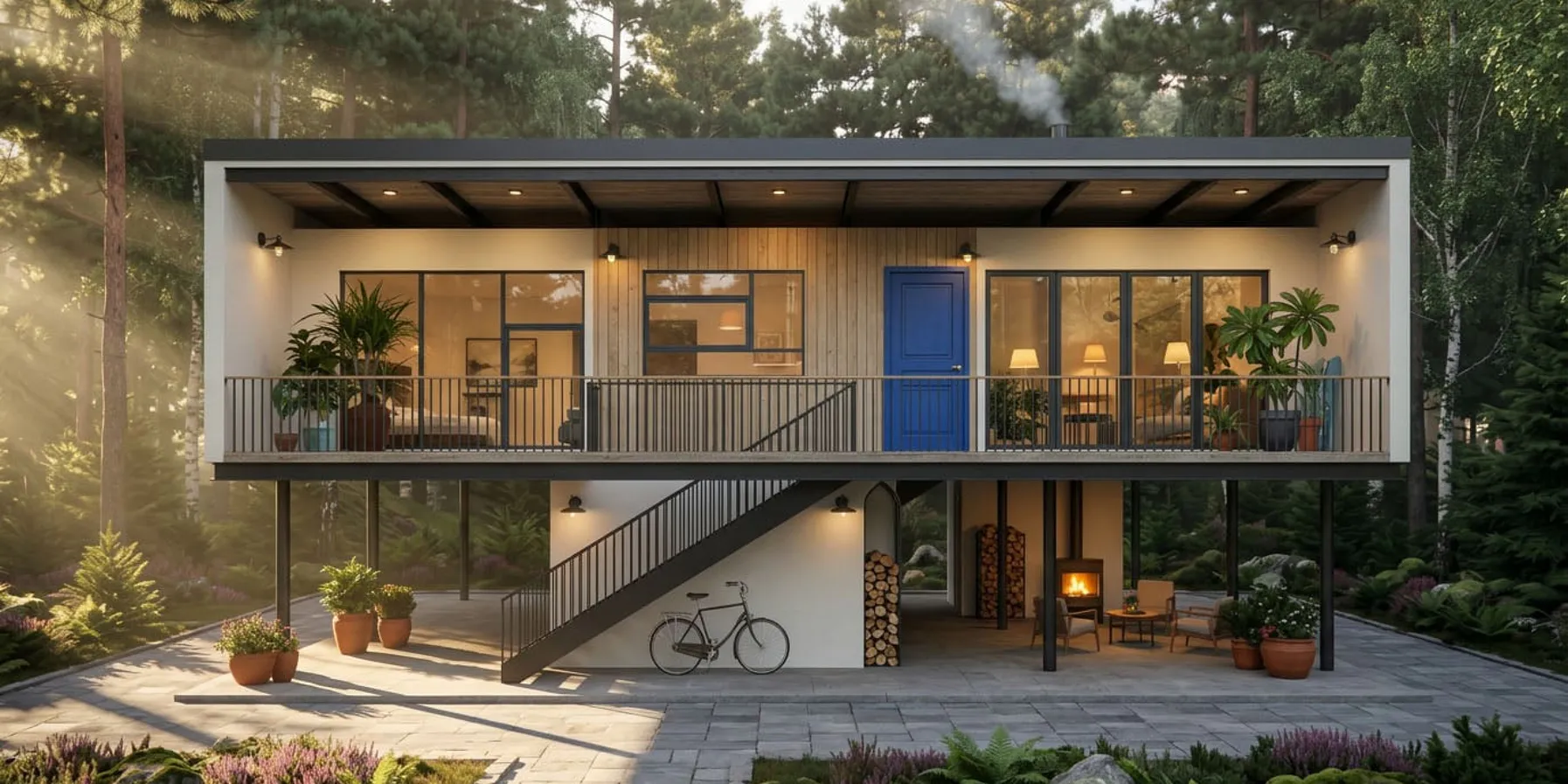 Visualisation d’une maison en forêt avec une façade en bois, une porte d’entrée bleue, un balcon et un escalier extérieur.