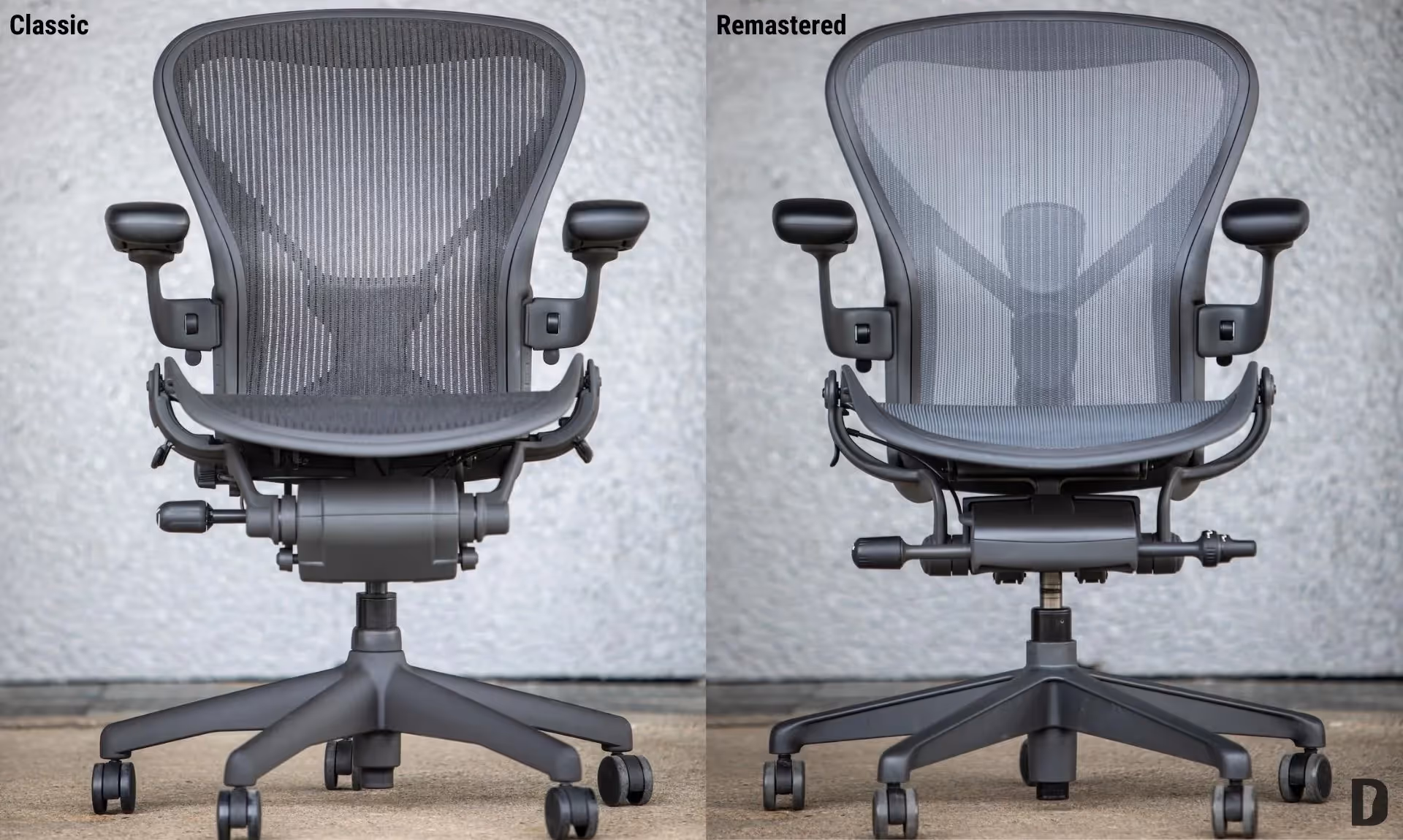 Сравнение офисных кресел Herman Miller Aeron Classic и Aeron Remastered — два кресла с сетчатой спинкой и подлокотниками, показанные спереди