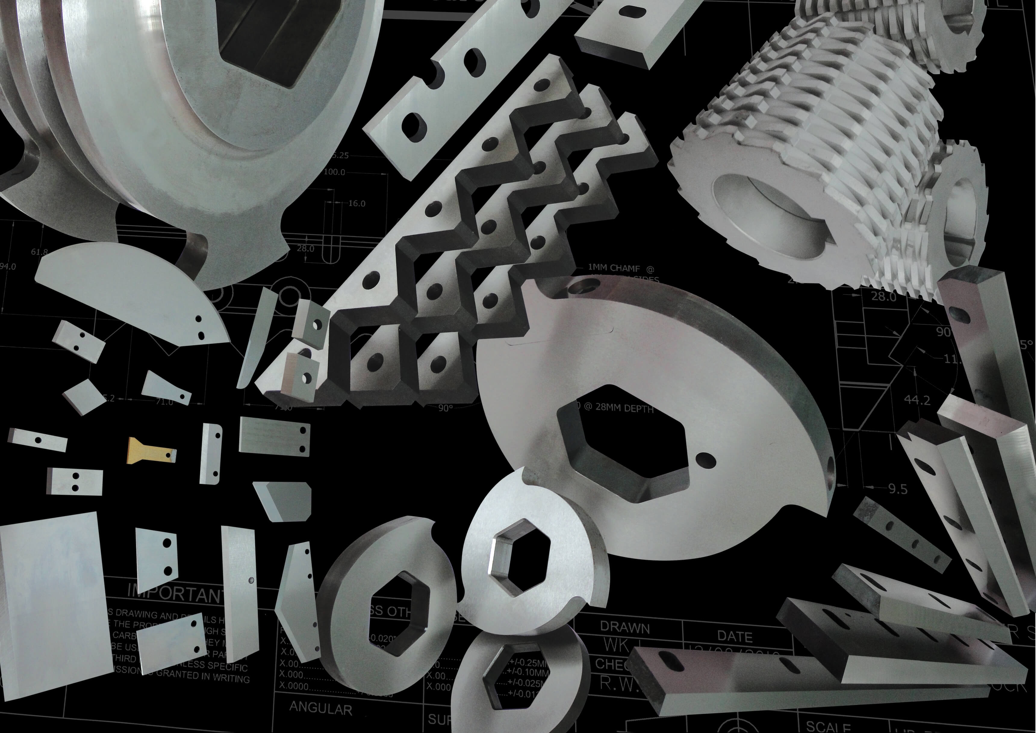 Assortment of heavy-duty blades for recycling, plastic and waste management industries, manufactured by Durham Duplex.