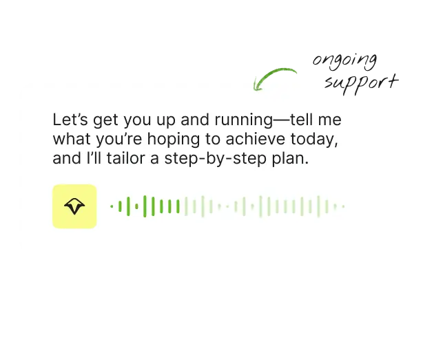 Speech bubble on a black background with text inviting collaboration for personalized planning. Features a waveform and a yellow icon, labeled "ongoing support."