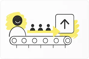 Illustration of a person with three user icons on a conveyor belt moving towards an upload icon with an upward arrow.