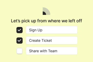 Checklist titled 'Let's pick up from where we left off' with checked items 'Sign Up' and 'Create Ticket' and unchecked item 'Share with Team'.