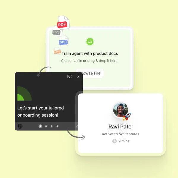 Diagram showing training an agent with product documents by uploading files, followed by a tailored onboarding session, and then activation of all features by user Ravi Patel in 9 minutes.