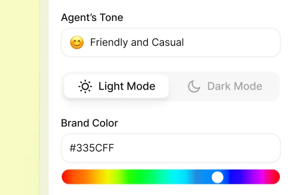 User interface showing Agent’s Tone set to Friendly and Casual with a smiling emoji, Light Mode enabled, and Brand Color set to hex code #335CFF on a color spectrum.