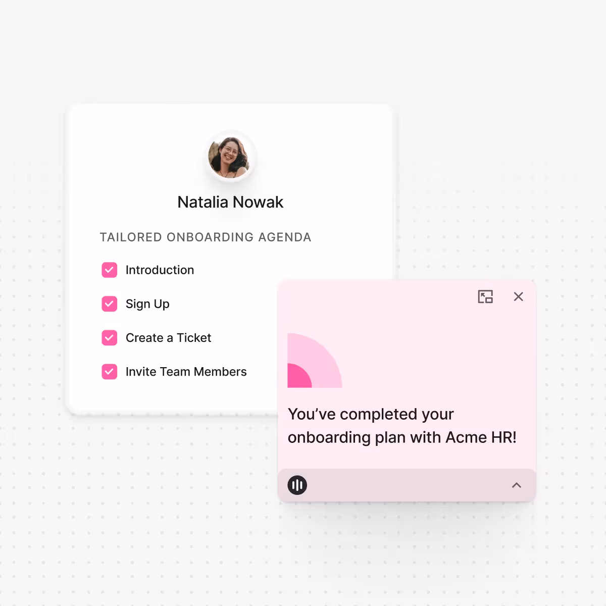 User profile of Natalia Nowak with a tailored onboarding agenda showing completed steps: Introduction, Sign Up, Create a Ticket, Invite Team Members, and a notification saying onboarding plan with Acme HR is completed.