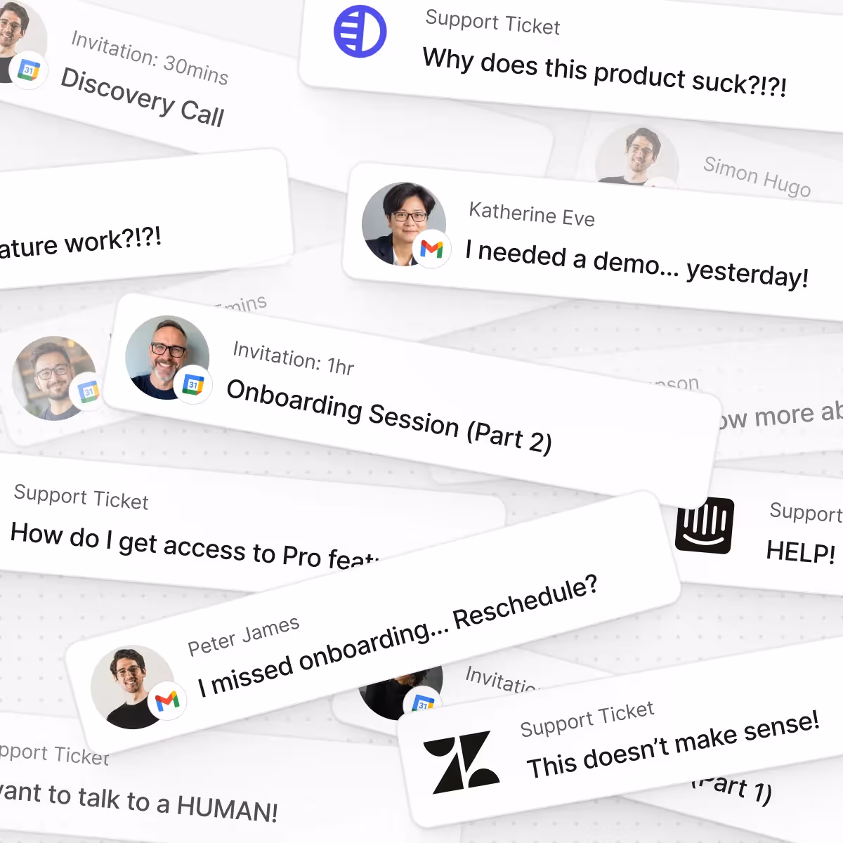 Collage of support messages and calendar invitations showing customer frustrations and onboarding session requests.