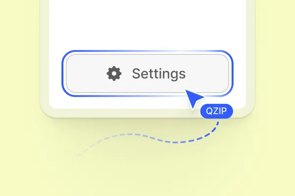 Cursor icon pointing to a Settings button with a gear symbol and the label 'Settings'.