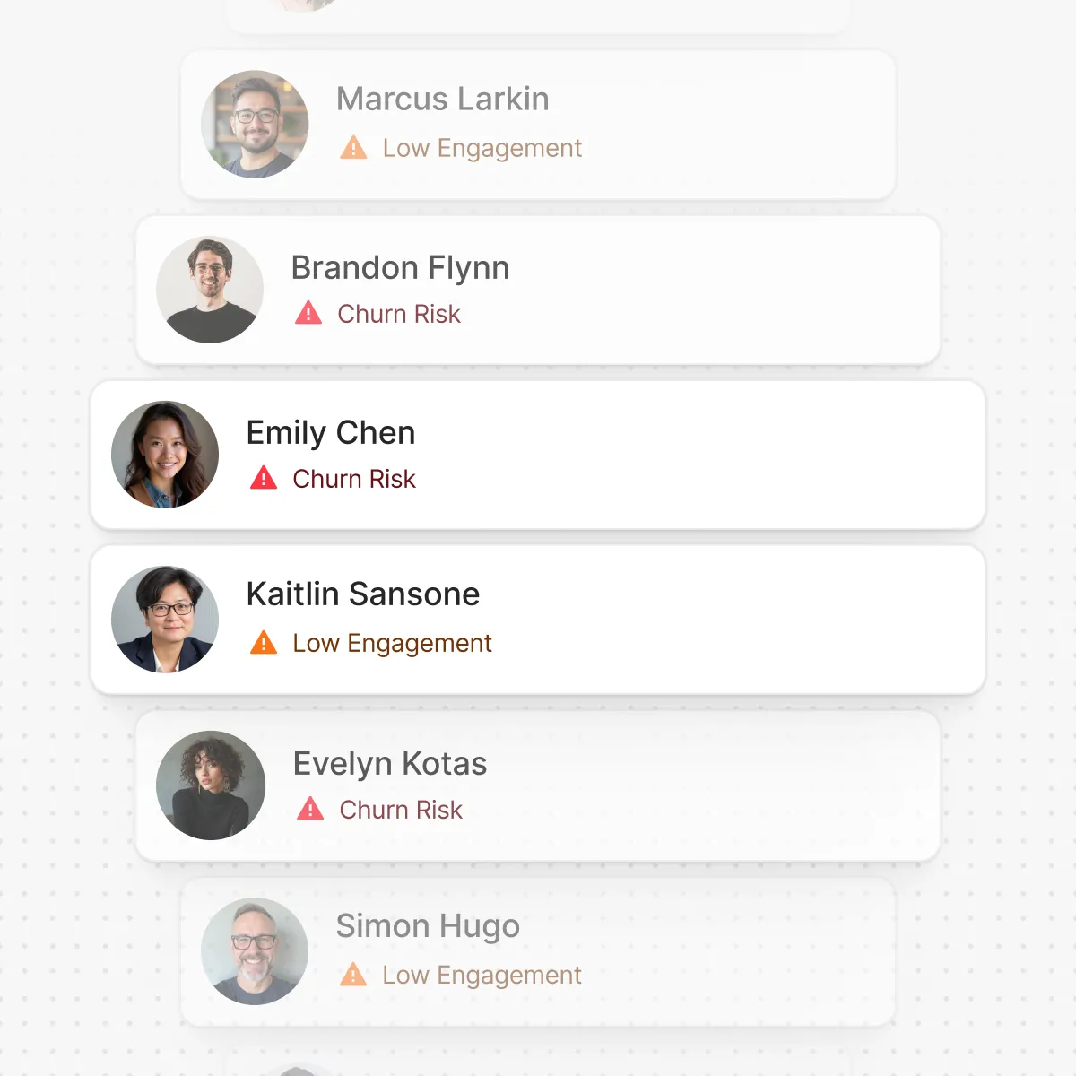 List displaying six people with profile pictures and indicators of engagement status: Marcus Larkin and Kaitlin Sansone with low engagement, Brandon Flynn, Emily Chen, and Evelyn Kotas with churn risk, and Simon Hugo with low engagement.