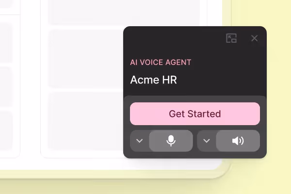 AI Voice Agent interface labeled Acme HR with a pink Get Started button and microphone and volume controls.