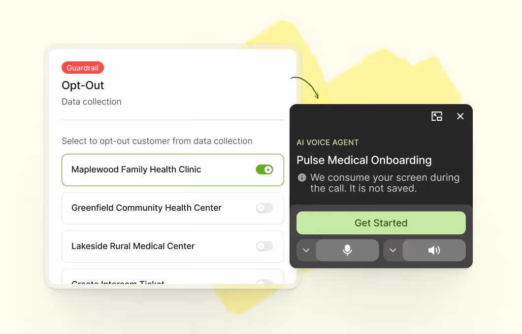 User interface for Opt-Out data collection showing a toggle active for Maplewood Family Health Clinic and inactive for other clinics, alongside an AI Voice Agent panel titled Pulse Medical Onboarding with a Get Started button.
