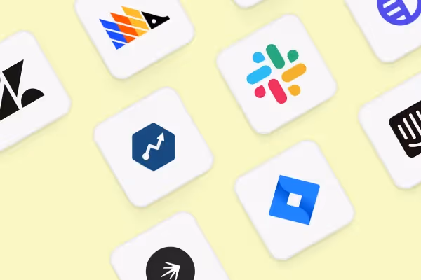 Floating icons of popular productivity and communication apps including Slack, Jira, and others, on a light yellow background.