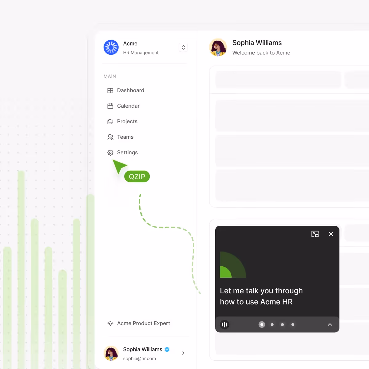 User interface of Acme HR Management dashboard showing sidebar menu with options Dashboard, Calendar, Projects, Teams, and Settings, and a chat window with a message about using Acme HR.