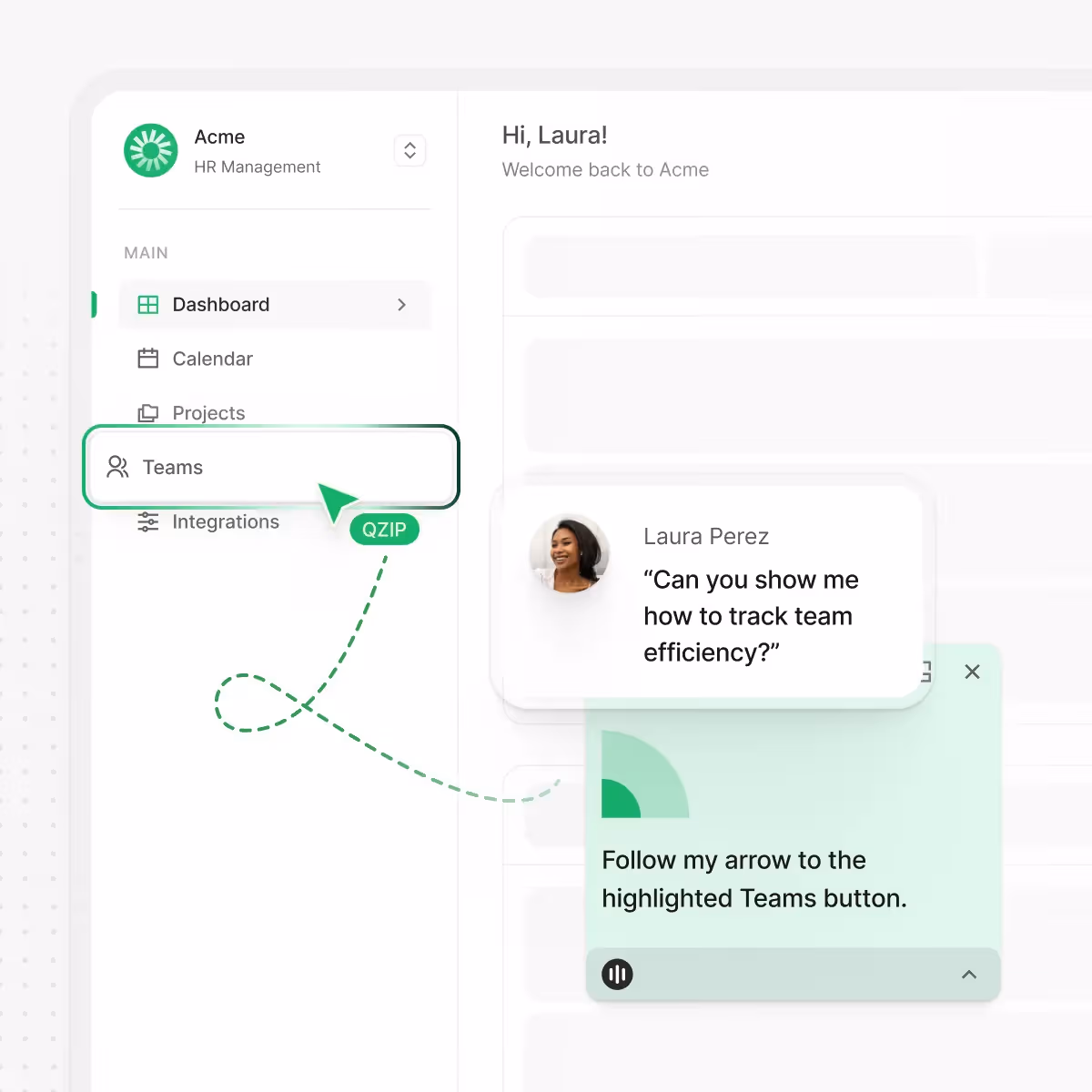 Screenshot of Acme HR Management dashboard with sidebar menu showing highlighted Teams button and a user message asking how to track team efficiency, accompanied by a guided arrow pointing to the Teams button.