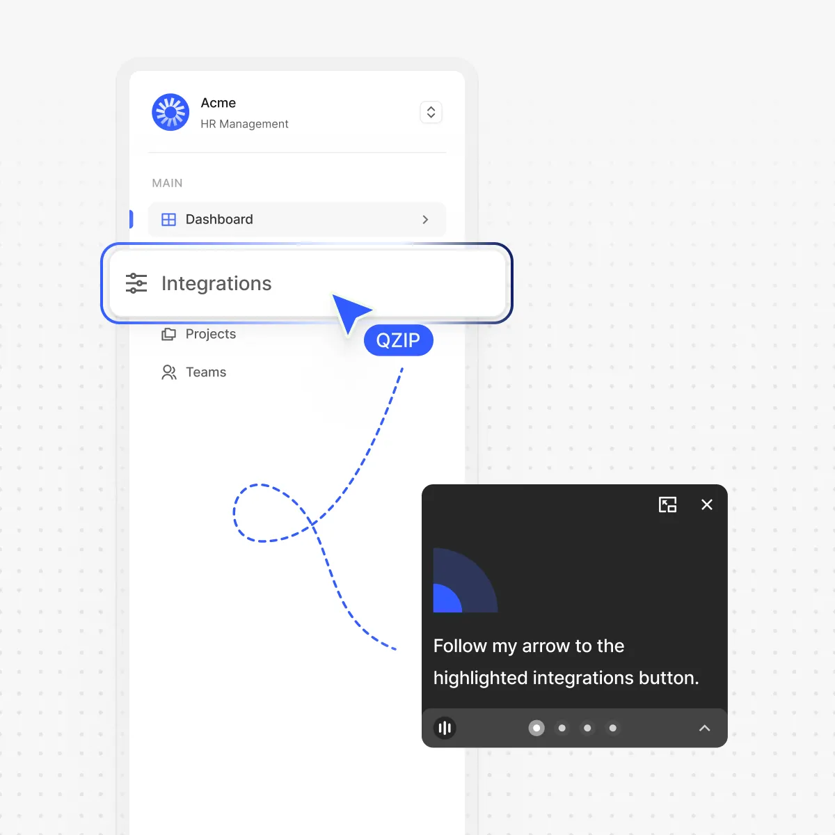 User interface of Acme HR Management showing a sidebar with Dashboard, Projects, Teams, and a highlighted Integrations button indicated by a cursor and a dotted arrow.