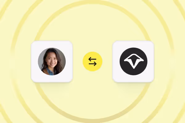 Illustration showing a smiling woman’s photo on the left and a black circle with white abstract logo on the right, connected by yellow circle with bidirectional arrows.