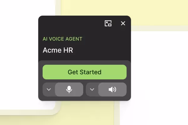 AI voice agent interface for Acme HR with a green Get Started button and microphone and volume controls.