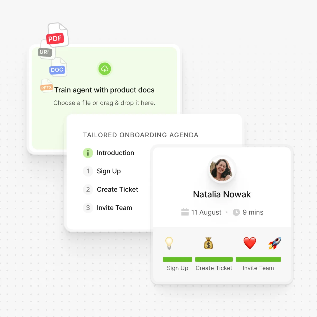Interface showing product document upload area, tailored onboarding agenda with steps Introduction, Sign Up, Create Ticket, Invite Team, and user profile of Natalia Nowak with task progress bars.