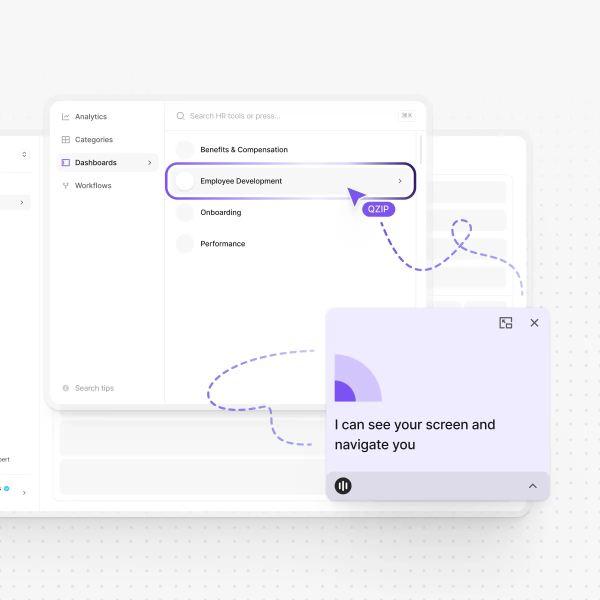 User interface showing HR dashboard categories including Benefits & Compensation, Employee Development, Onboarding, and Performance with a cursor pointing to Employee Development and a chat pop-up stating 'I can see your screen and navigate you.'