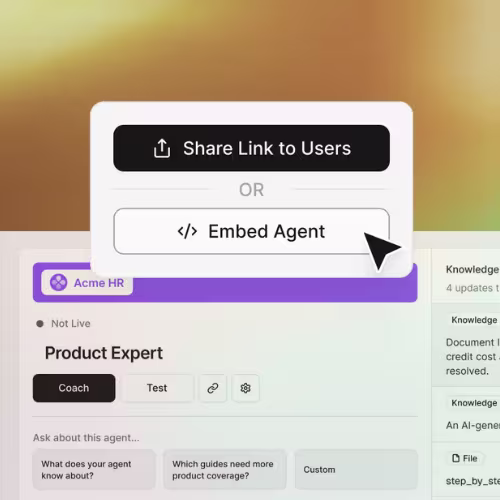 Quarterzip agent setup with options to share a link with users or embed the agent