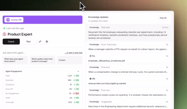 Agent knowledge dashboard showing the documents and help articles Quarterzip has learned from