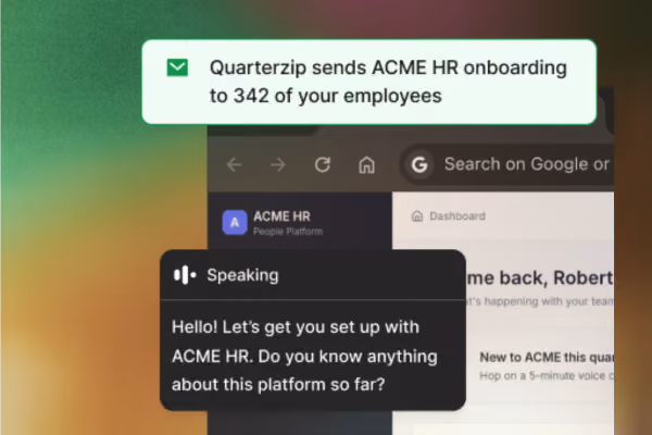 Quarterzip rolling out onboarding to 342 employees, with an agent greeting a user