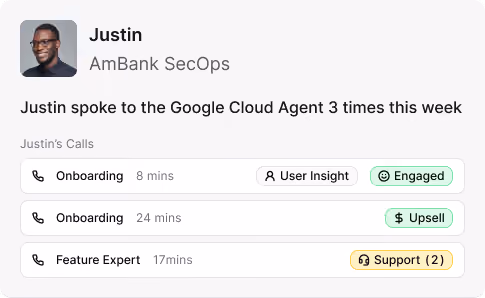 Call history for one user, with calls tagged as engaged, upsell and support