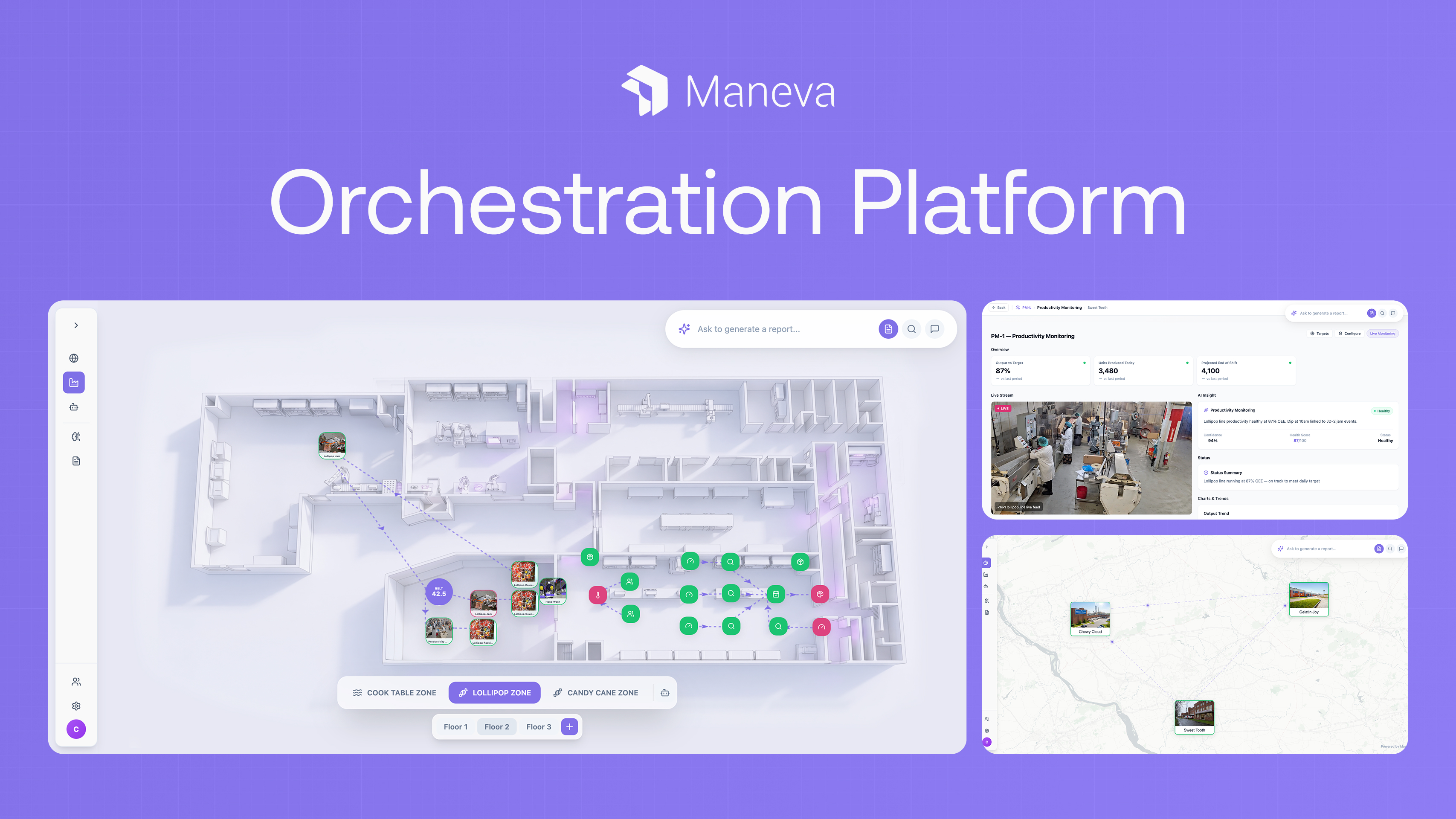 Orchestration Platform by Maneva AI is the agent harness for the factory. It connects and coordinates the four core technologies into one facility-wide operating system.