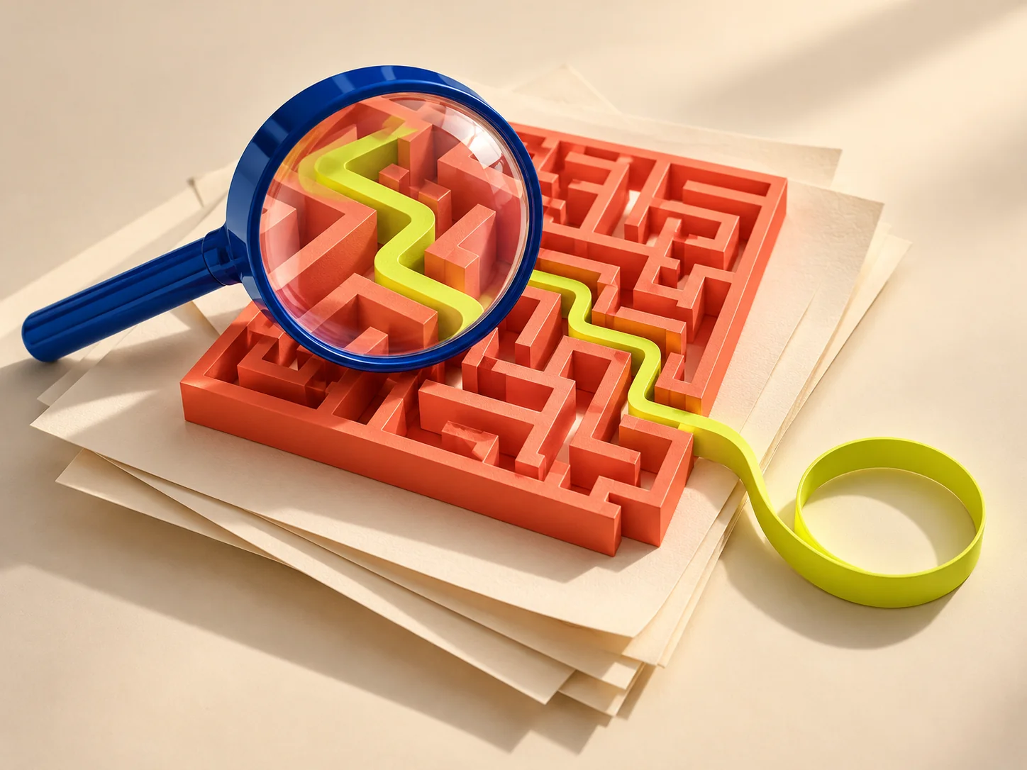 Kreative Illustration zur Steuerberatung: eine blaue Lupe macht den limettengelben Weg durch ein korallfarbenes Labyrinth sichtbar.