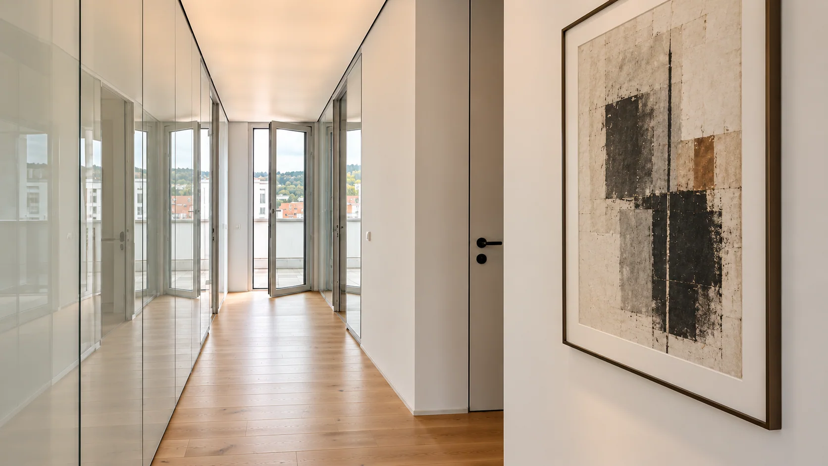 Heller Kanzleiflur mit Glaswänden und gerahmter Kunst